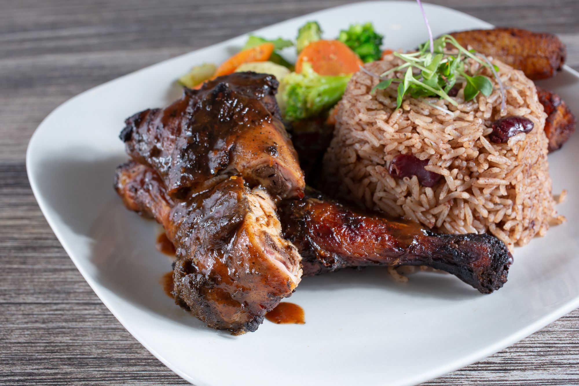 Jamaican Jerk Chicken with rice and plantains