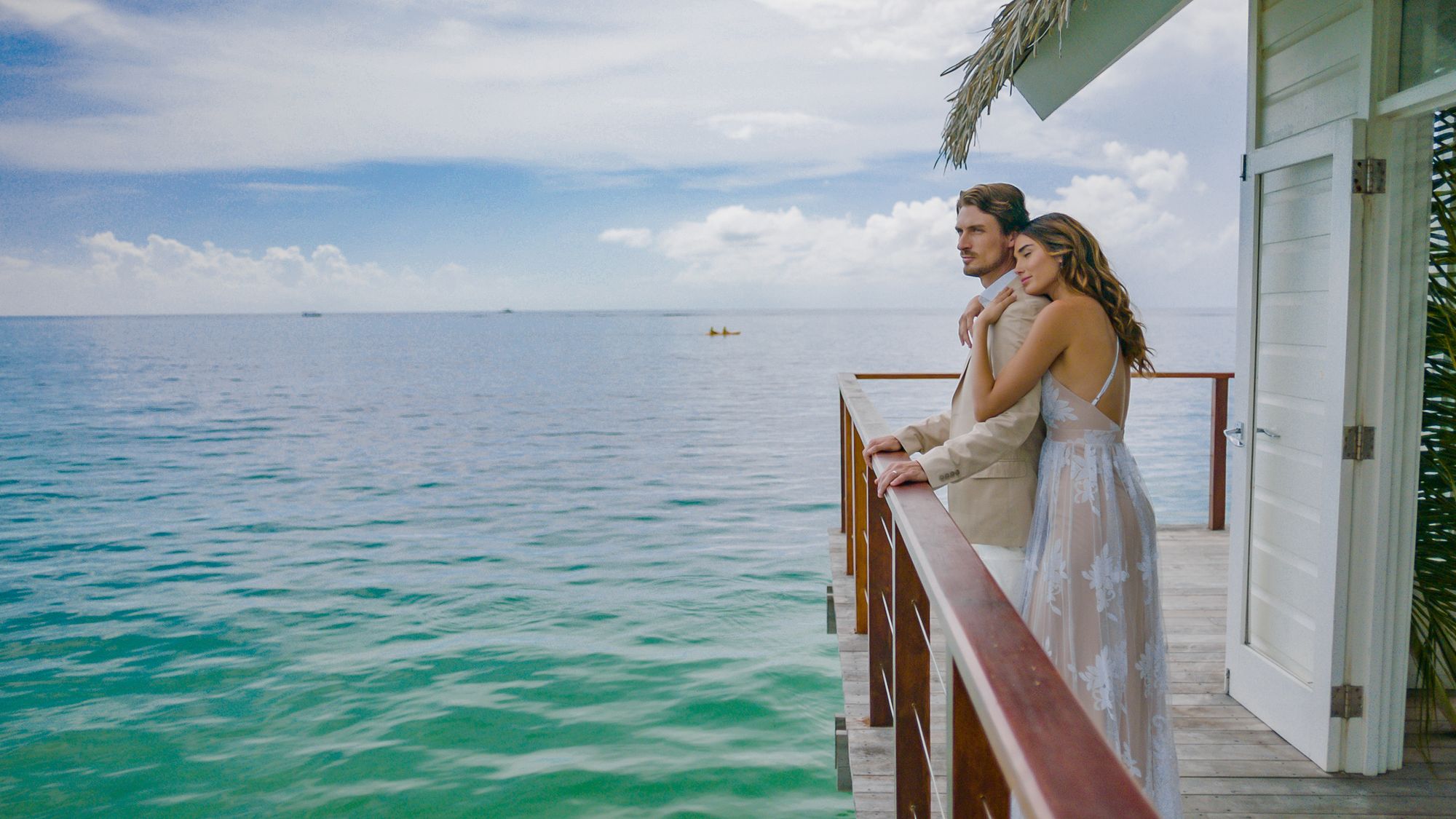 Couple in Sandals Overwater wedding chapel